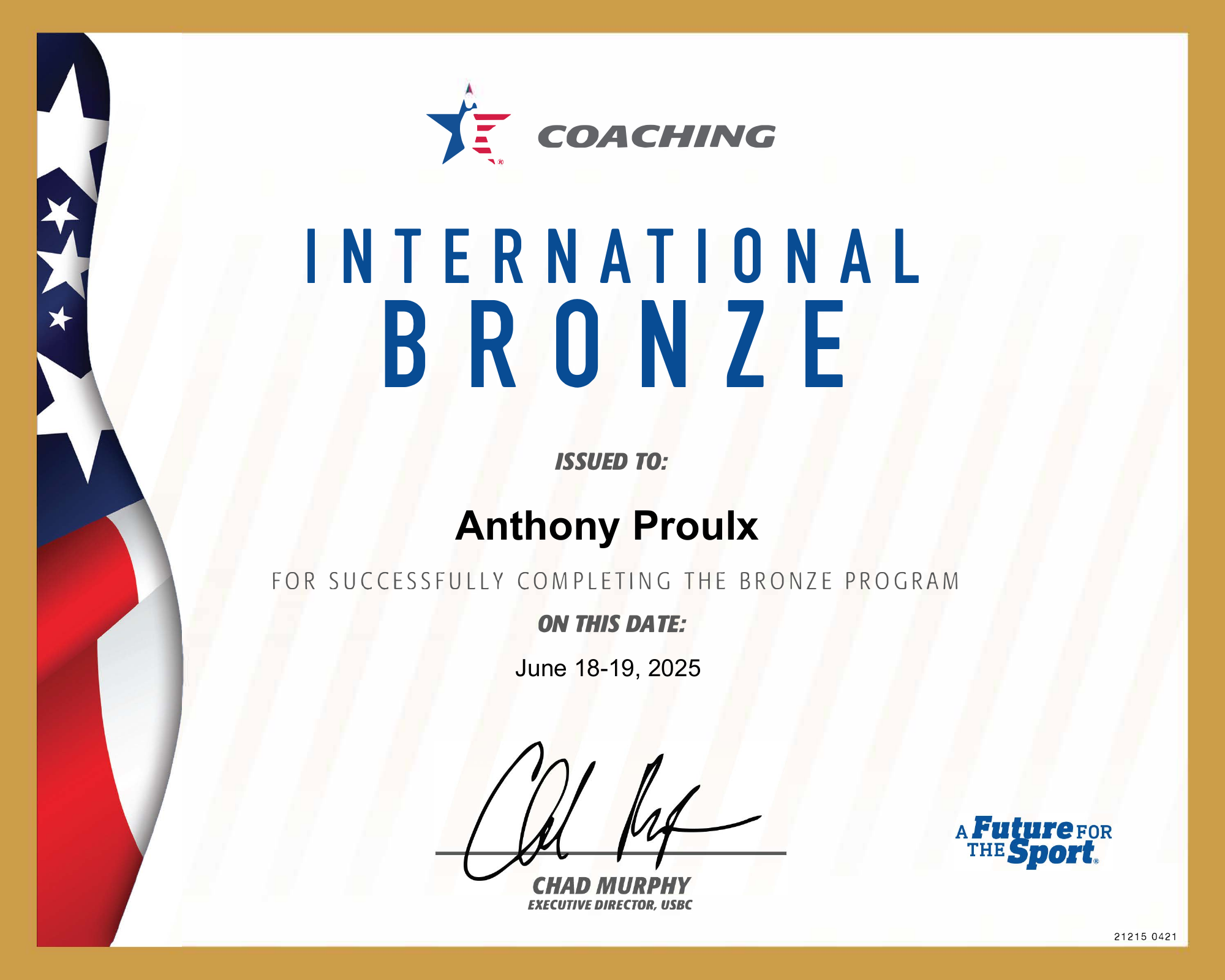 Certificat USBC International Bronze décerné à Anthony Proulx pour avoir complété le programme Bronze